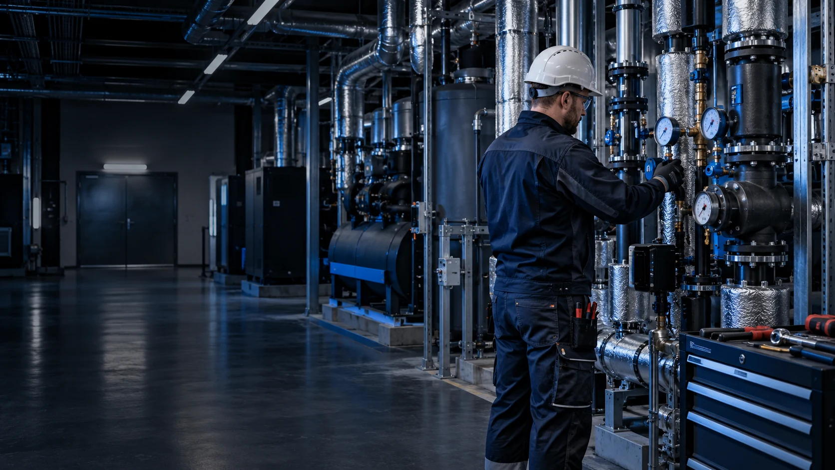 Technik CoolMates podczas planowego przeglądu instalacji HVAC w obiekcie komercyjnym